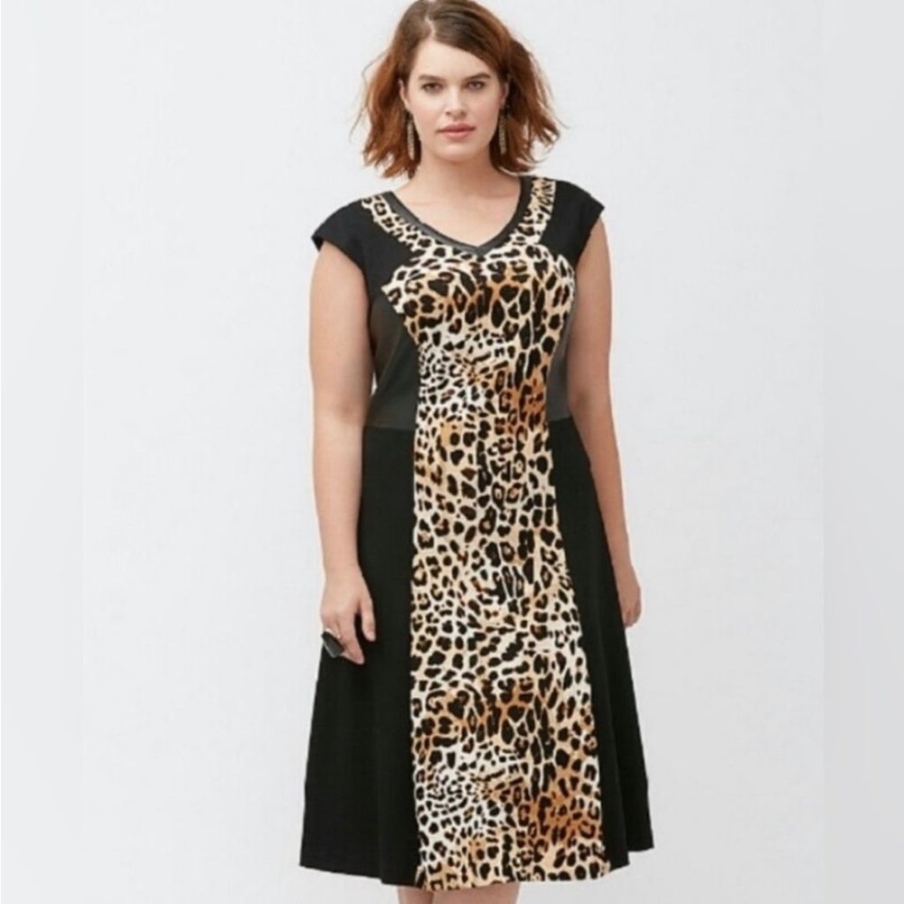 Lane Bryant Animal Print and Faux Leather V-Neck Sheath Dress